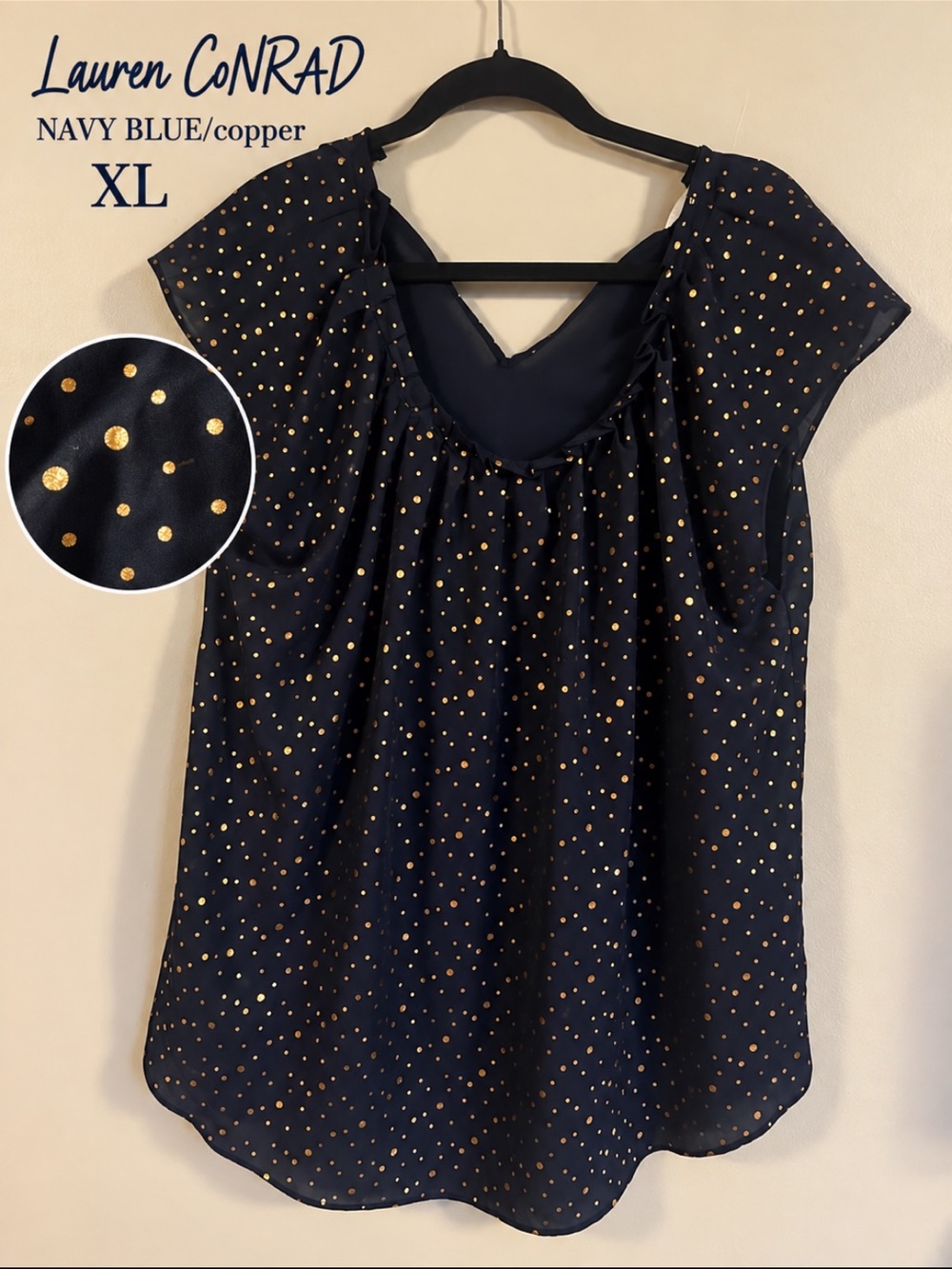 Lauren Conrad Navy Blue & Copper Metallic Dot Blouse – XL